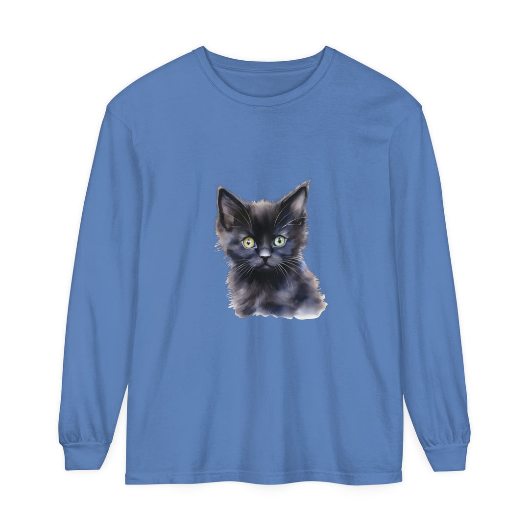 Black unisex long sleeve t-shirt featuring a mystical kitten design