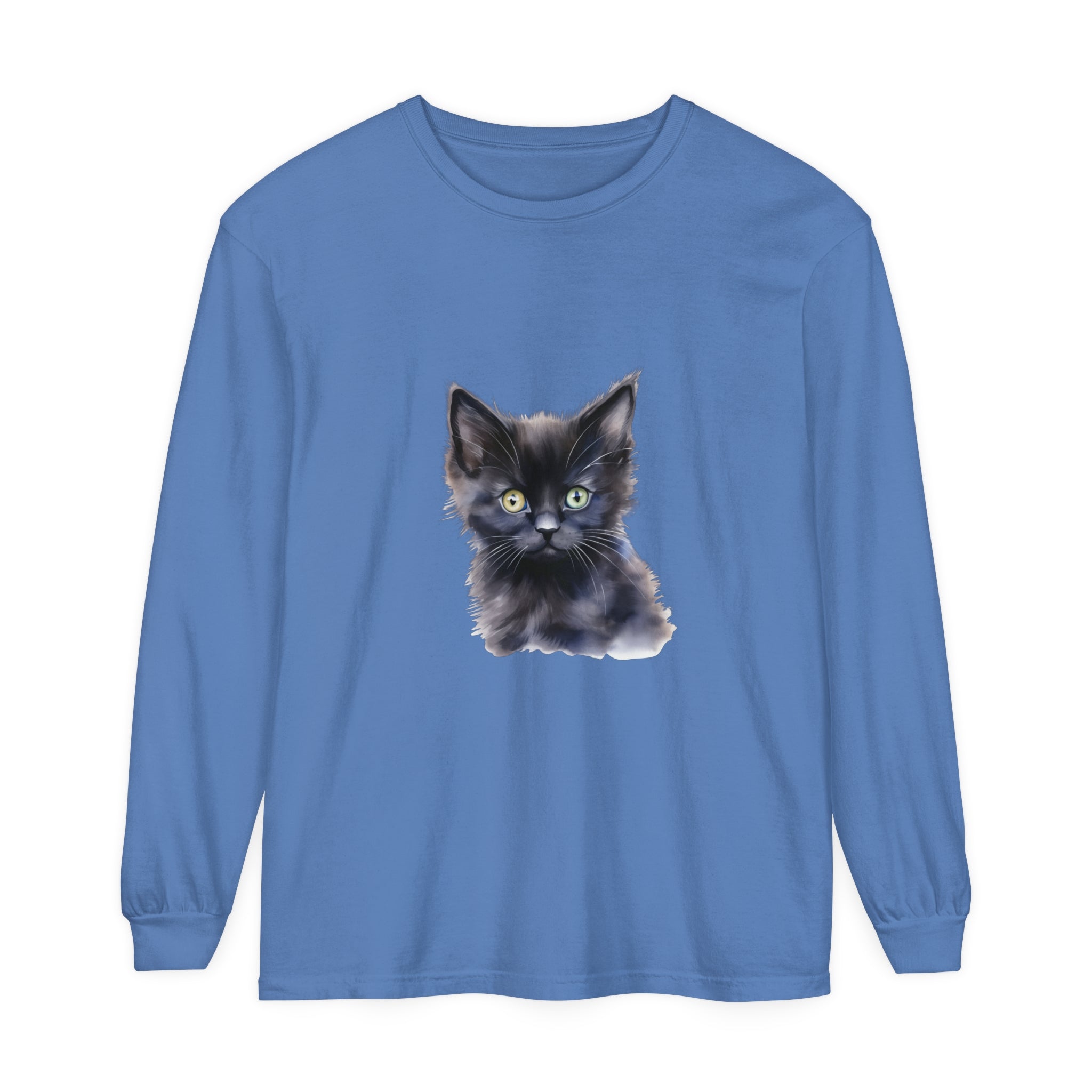 Black unisex long sleeve t-shirt featuring a mystical kitten design