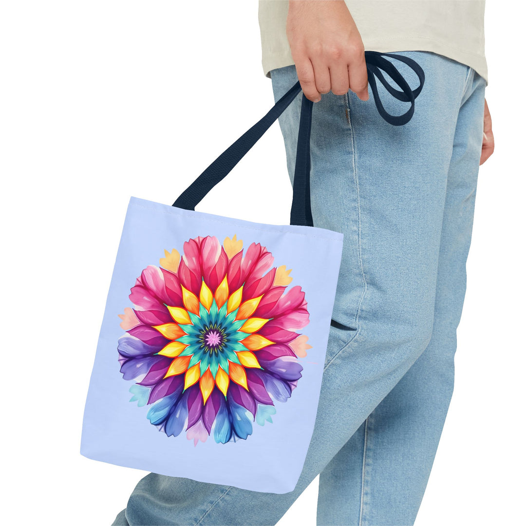 Colorful and vibrant Rainbow Mandala Tote Bag perfect for carrying essentials