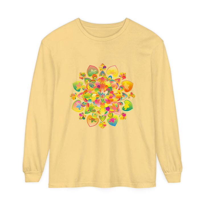 A vibrant and colorful long sleeve t-shirt featuring a mesmerizing psychedelic mandala design