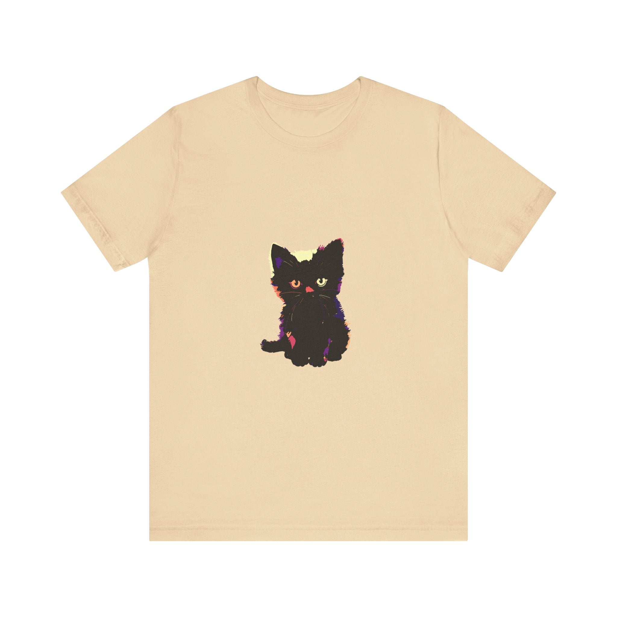 A black t-shirt featuring a cute and stylish mystery-themed design with a black cat