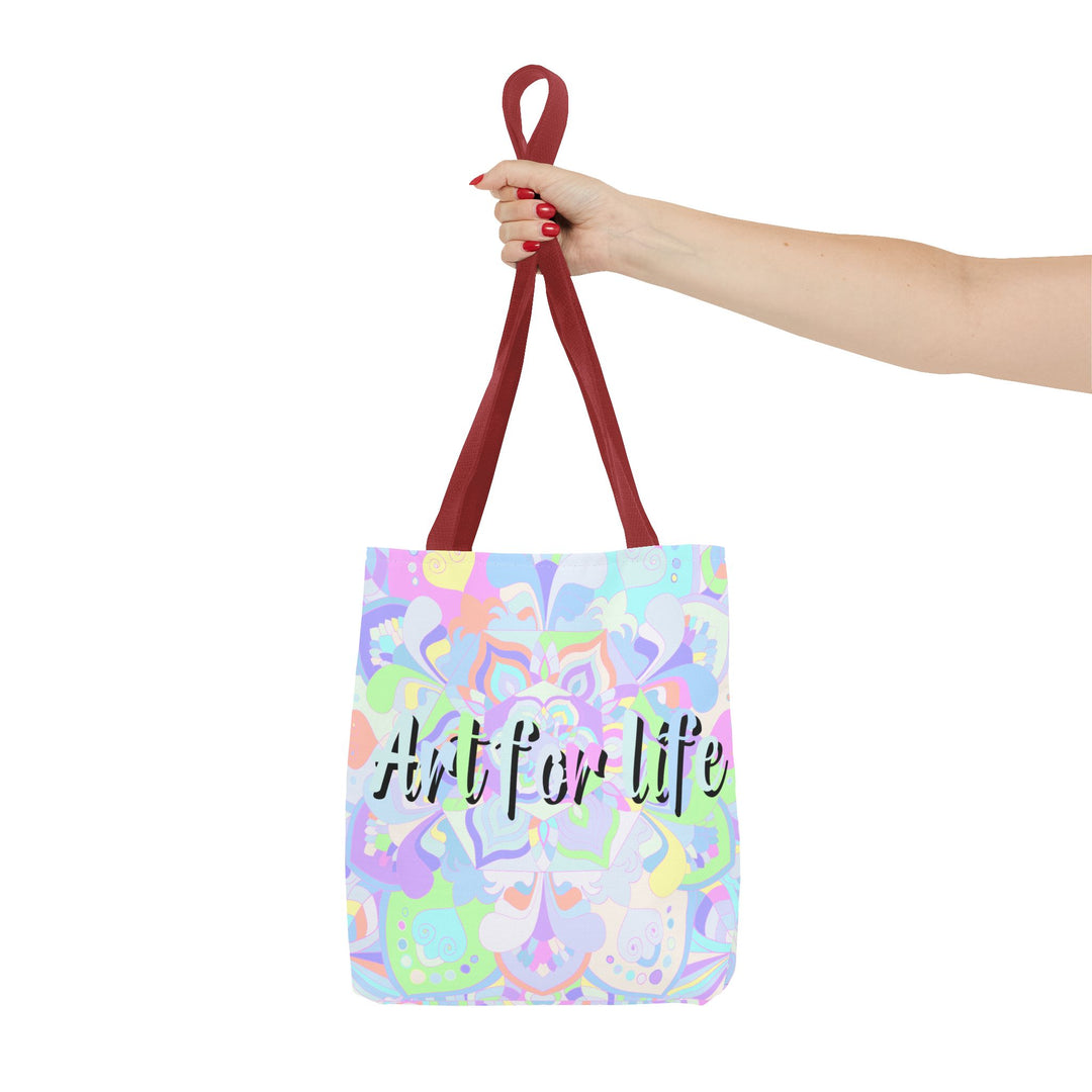 Colorful mandala tote bag with vibrant 'Art for Life' quote, perfect for carrying essentials and adding artistic flair to any outfit