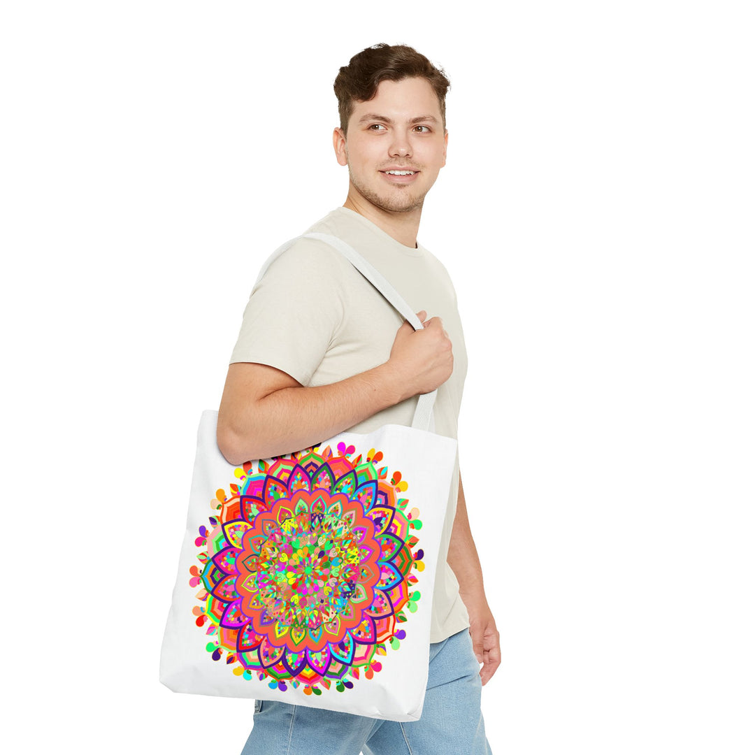 Vibrant and intricately designed tote bag featuring a colorful mandala art pattern