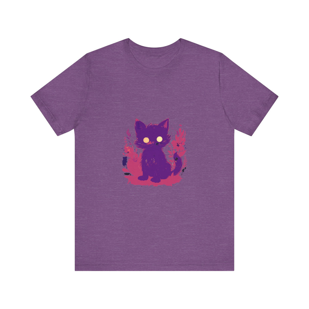 Adorable purple cat graphic tee with whimsical design on front