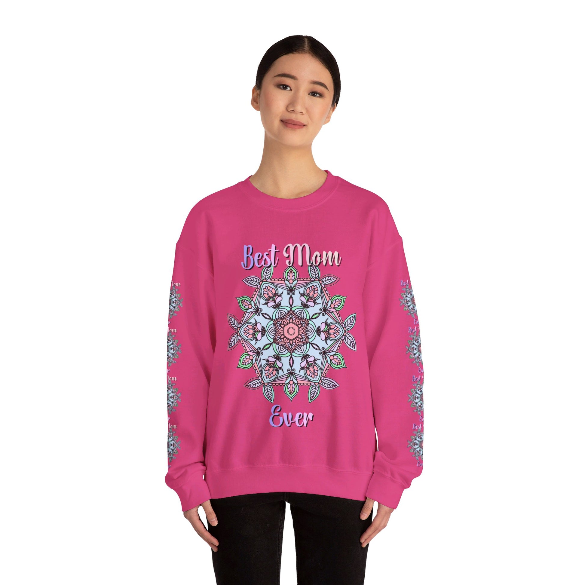 Unisex heavy blend crewneck sweatshirt with 'Best Mom Ever' graphic, ideal birthday gift for mom