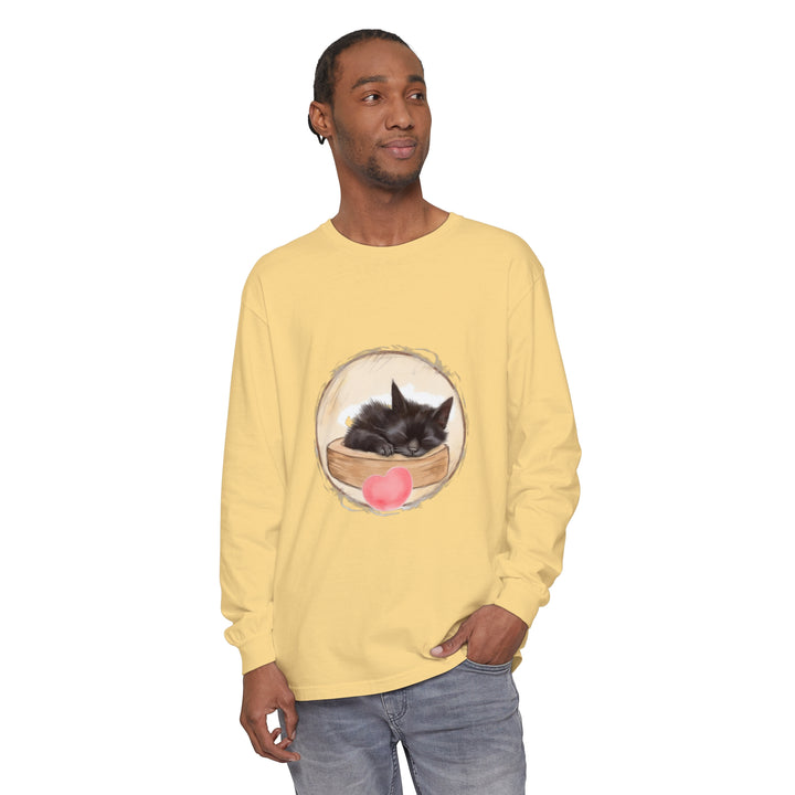 Adorable unisex t-shirt featuring a sleeping kitten in a bedtime scene