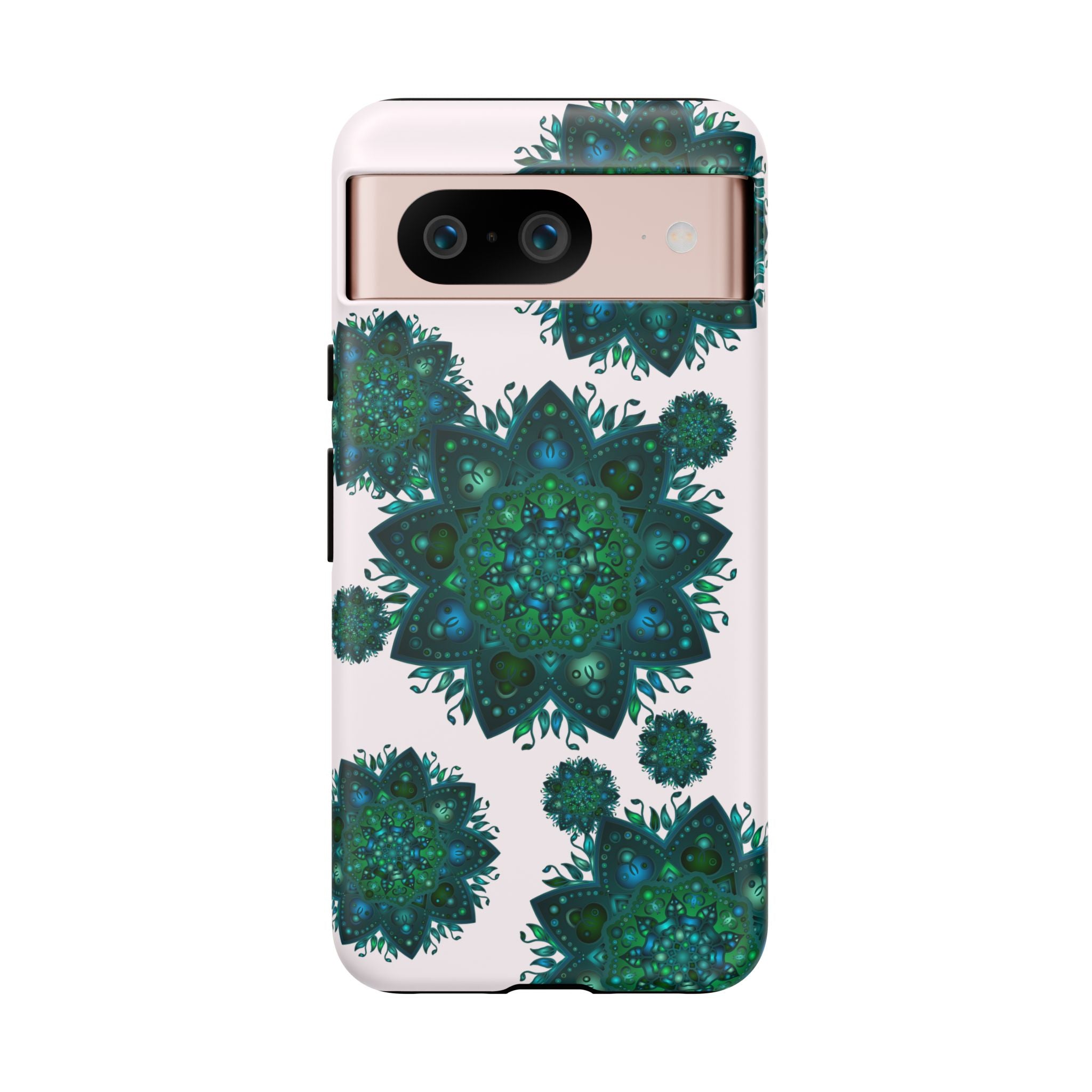 Light pink and green mandala phone case featuring a peaceful and intricate design