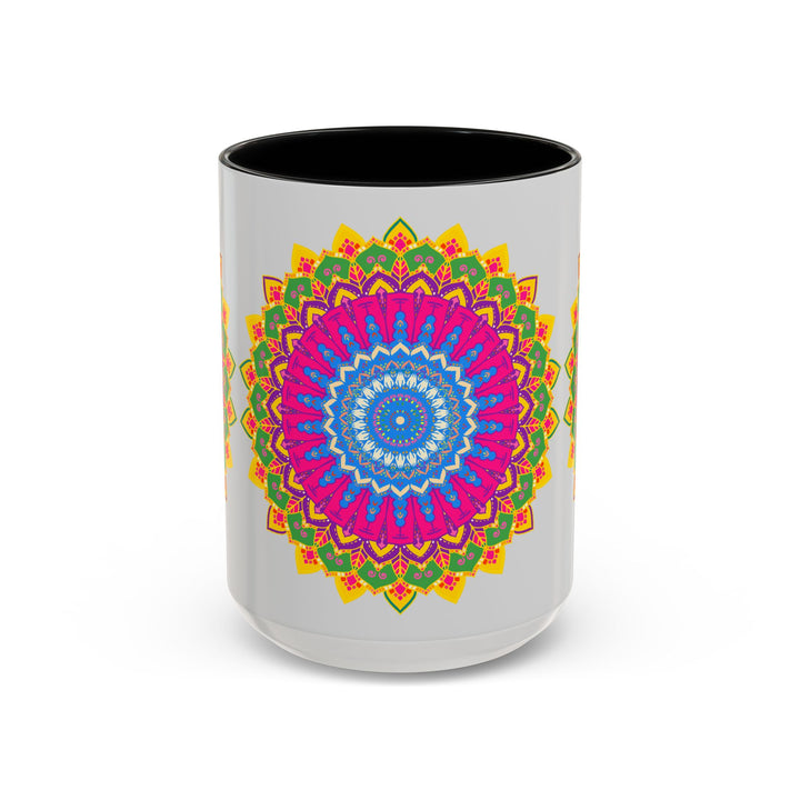 Colorful mandala art mug with intricate geometric design in vibrant shades