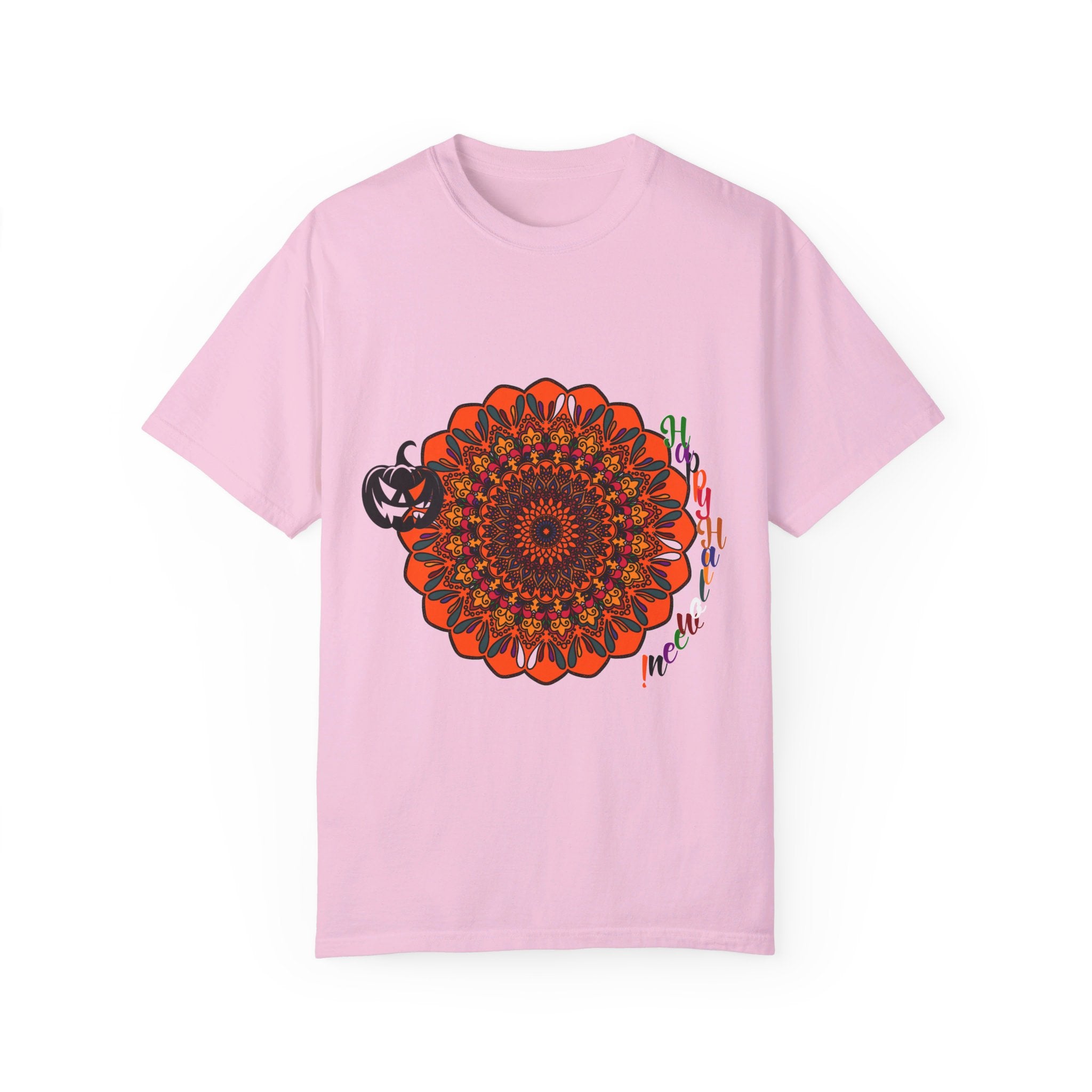 Unisex Halloween Mandala T-shirt featuring handmade pumpkin mandala art on a garment-dyed tee