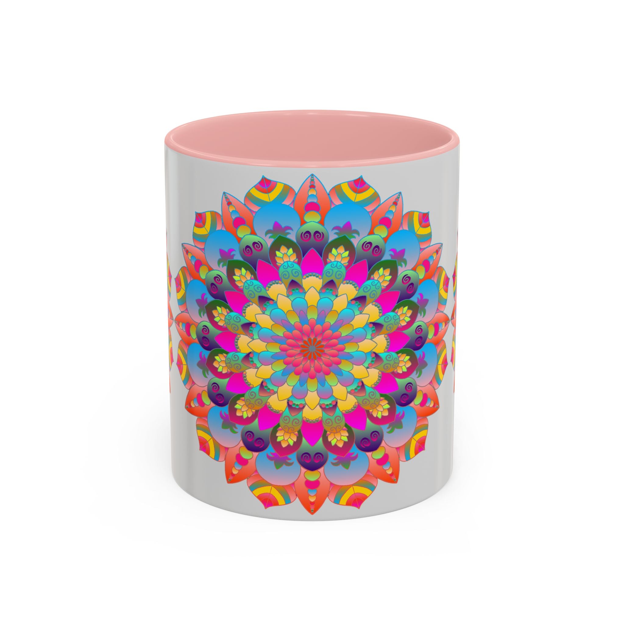 Colorful mandala art mug featuring a vibrant circular design perfect for brightening up your morning routine