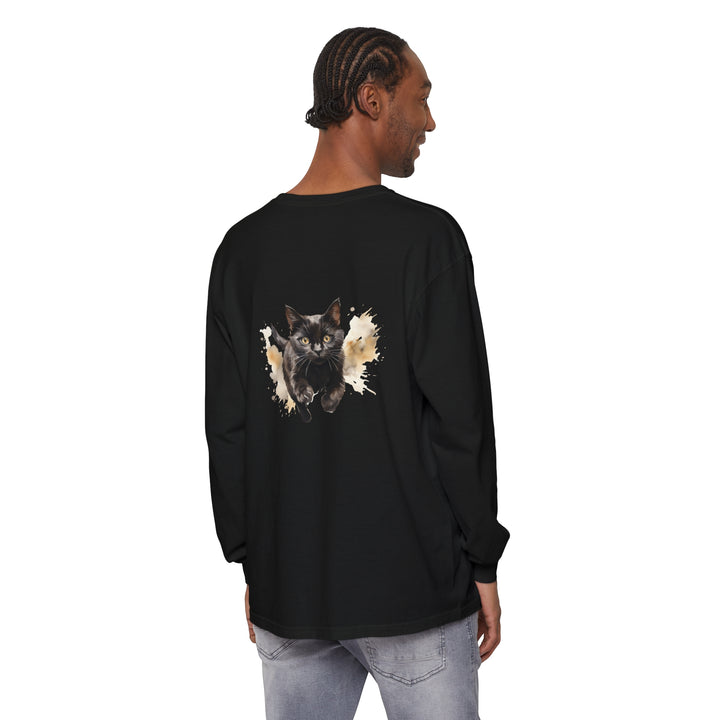 Black Cat Watercolor Sprint Unisex T-Shirt featuring a colorful watercolor design of a cat running, perfect for cat lovers and animal enthusiasts