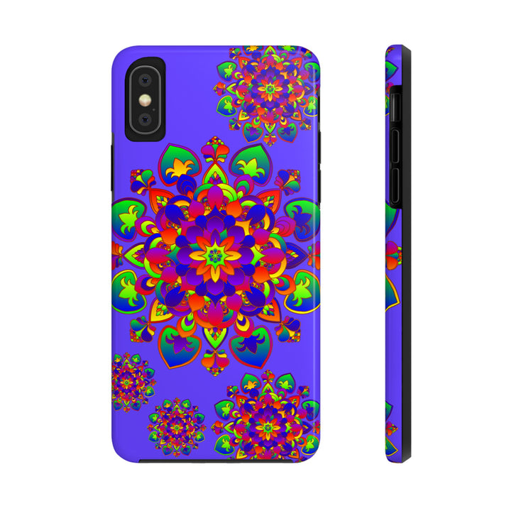 A close-up photo of a hand-drawn mandala rainbow design phone case