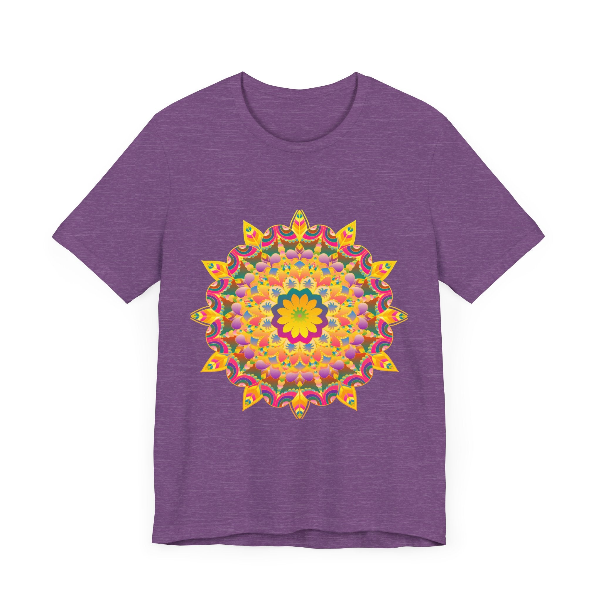 A colorful and vibrant mandala t-shirt featuring spiritual art and intricate designs