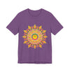 A colorful and vibrant mandala t-shirt featuring spiritual art and intricate designs