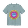 Vibrant Mandala Tee featuring a colorful and intricate design on black fabric