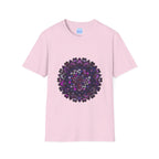 Unisex softstyle t-shirt featuring a hand-drawn purple mandala art design