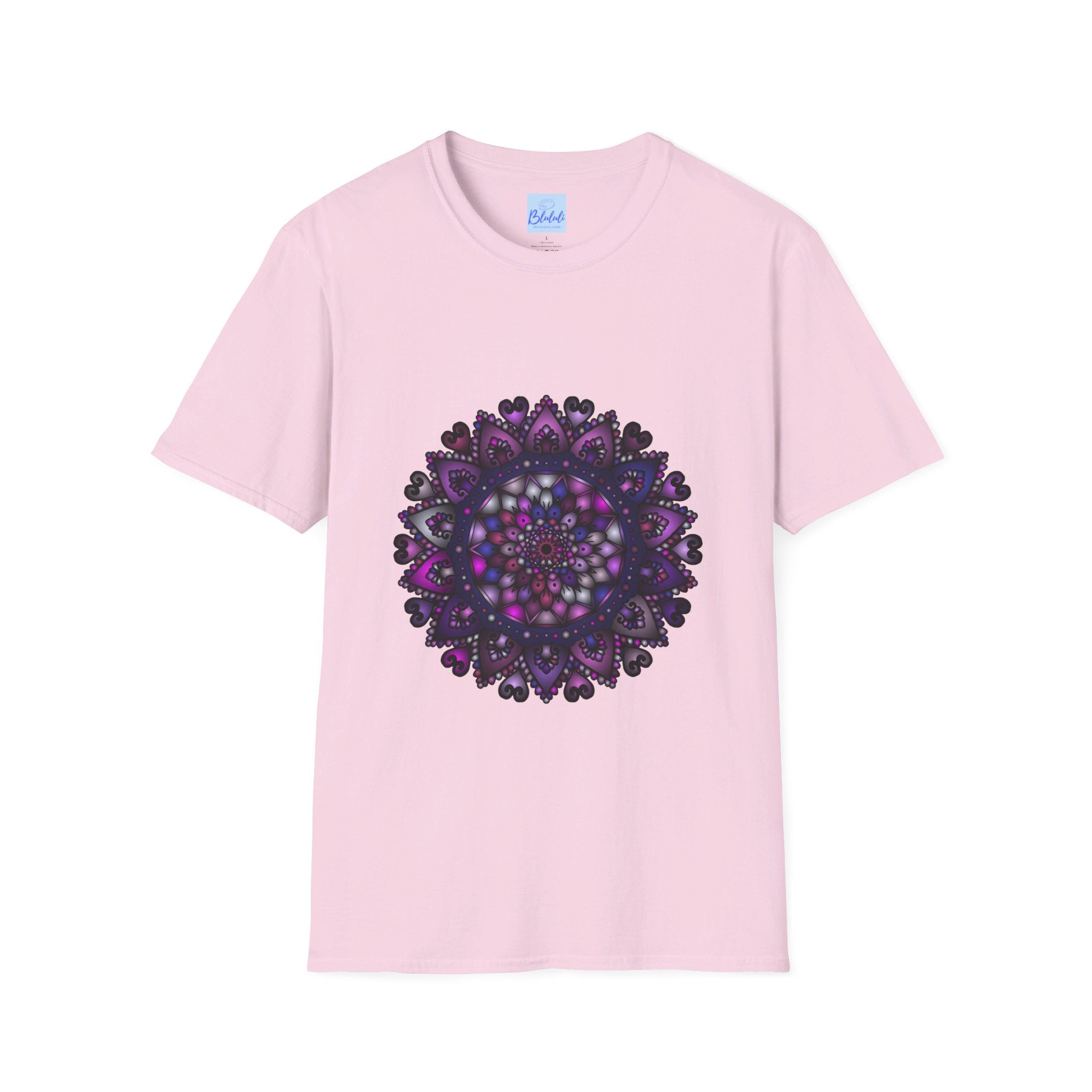 Unisex softstyle t-shirt featuring a hand-drawn purple mandala art design