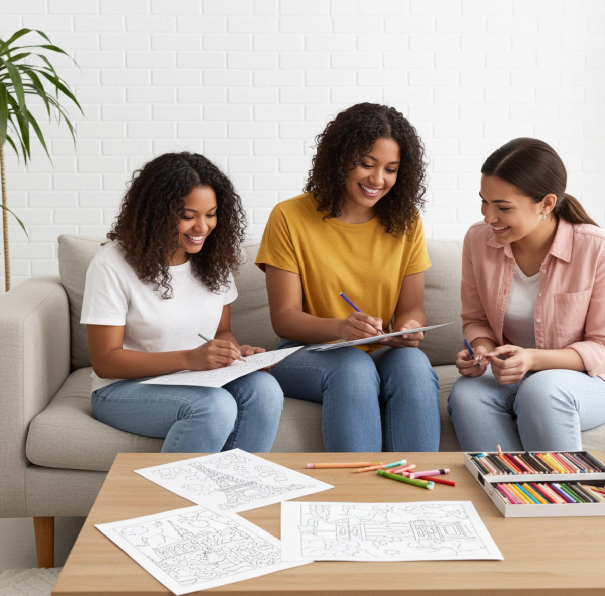 Three women sitting on a couch with coloring books and crayons on a table.
