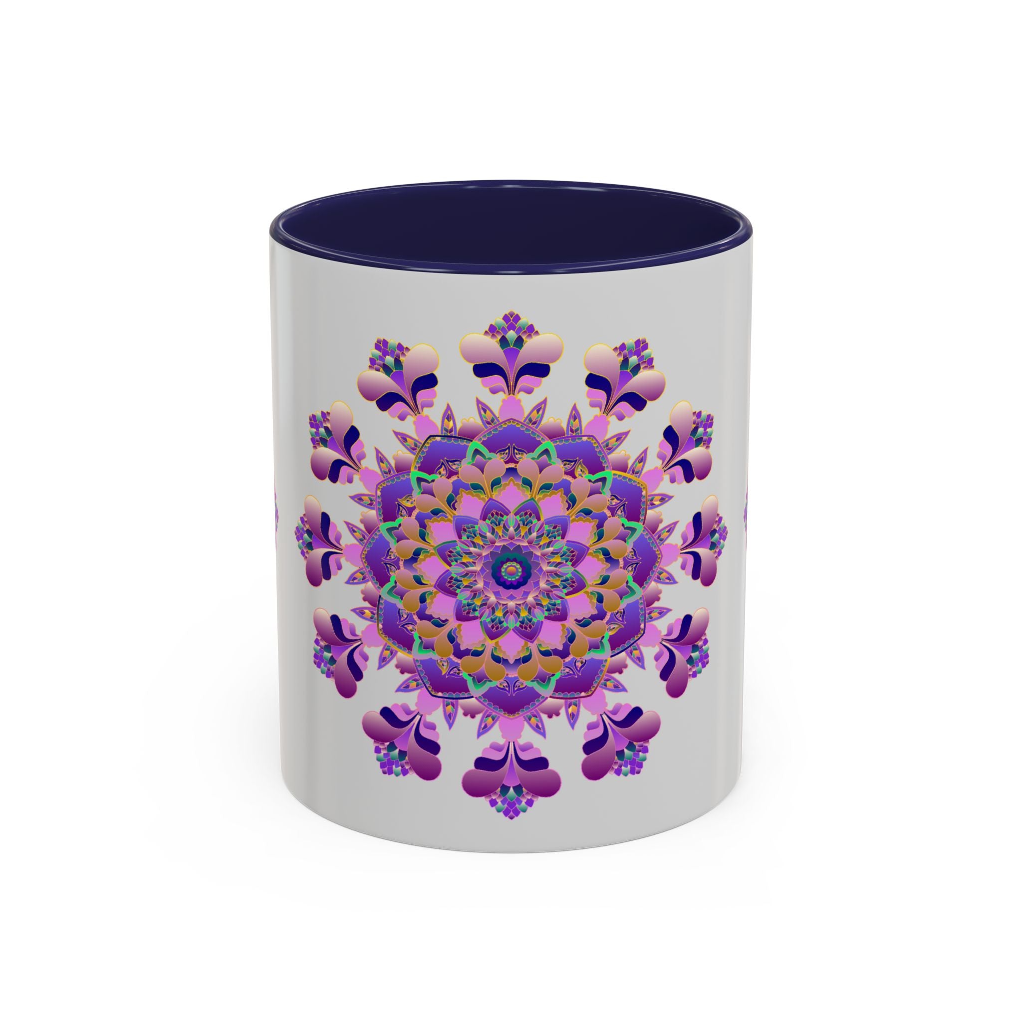 A close-up image of a ceramic mandala mug with a purple and pink floral design, perfect for enjoying your favorite hot drink