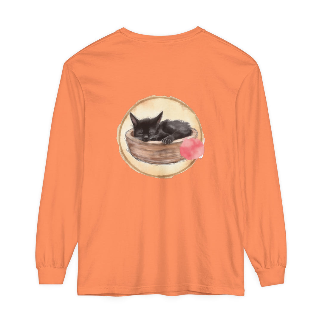 A beautiful watercolor illustration of a sleeping cat in a bowl, featured on a long sleeve t-shirt