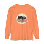 A beautiful watercolor illustration of a sleeping cat in a bowl, featured on a long sleeve t-shirt
