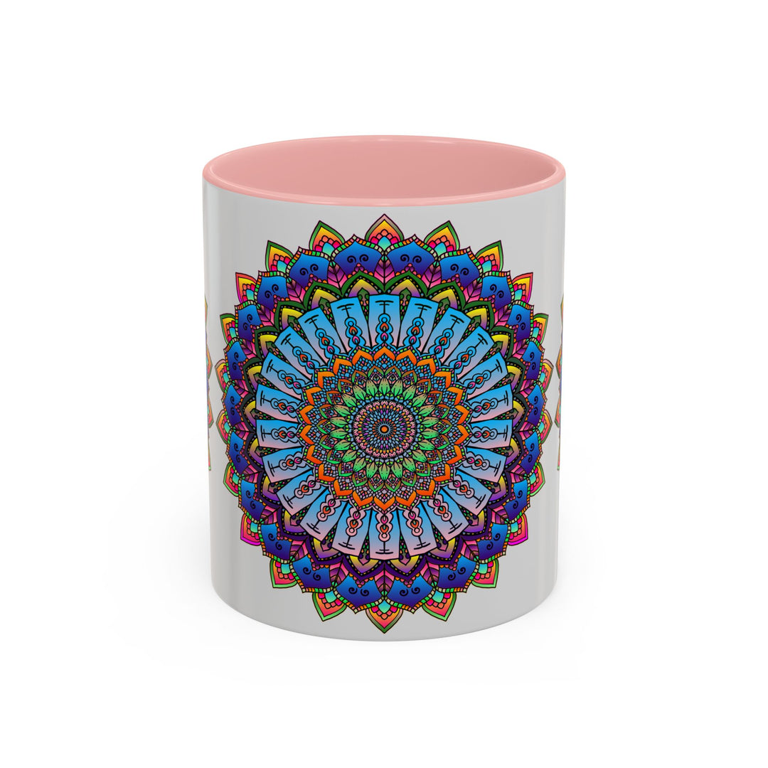 Beautiful and colorful mandala design adorning a grey ceramic mug