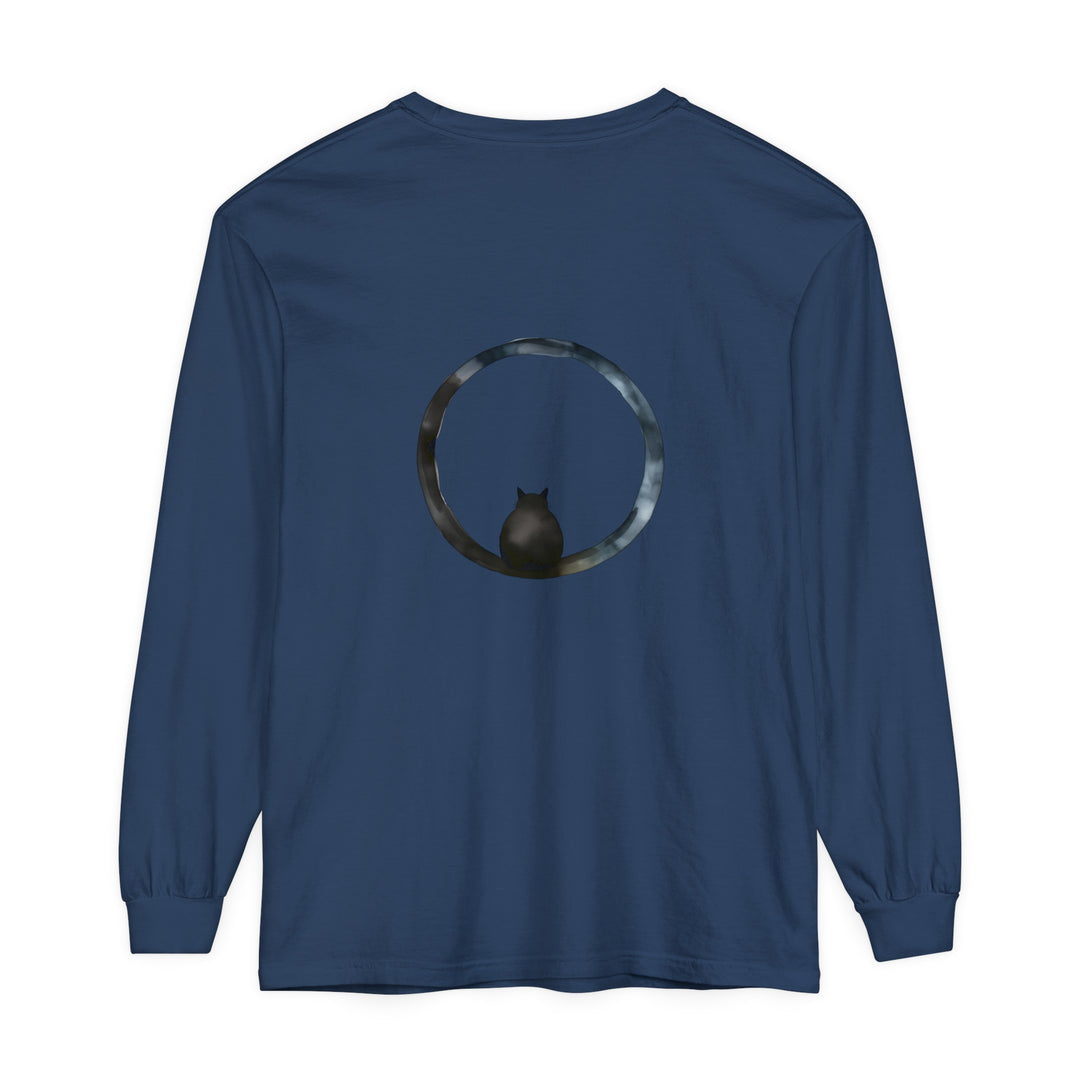 A close-up image of a black Mystifying Sphere Unisex Long Sleeve T-Shirt with a unique spherical design on the front