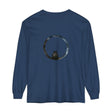 A close-up image of a black Mystifying Sphere Unisex Long Sleeve T-Shirt with a unique spherical design on the front
