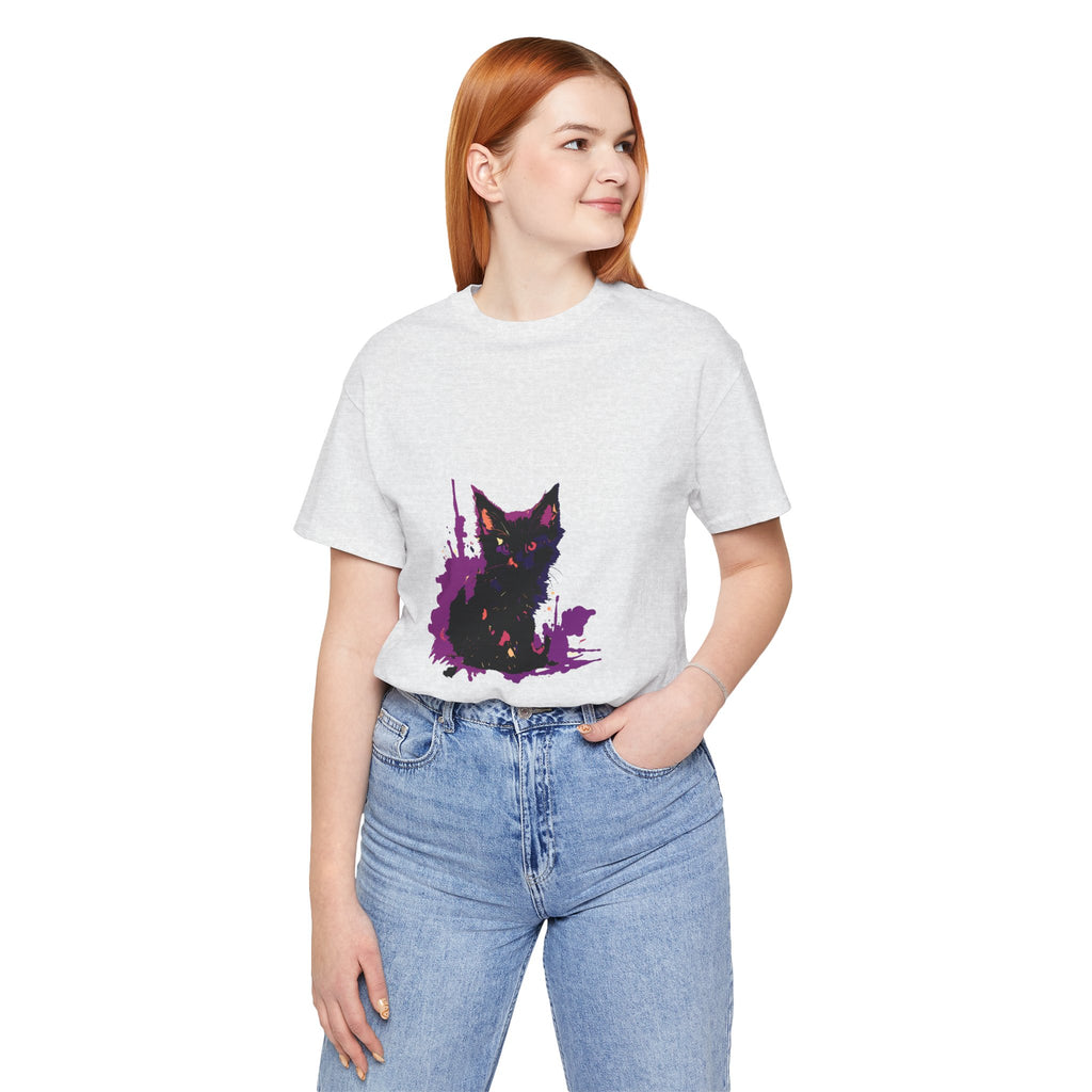 Schwarzes Katzenrätsel – Lila Farbspritzer-T-Shirt