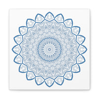 Handmade Mandala Art featuring a steel blue mandala design on matte canvas, stretched and 125 inches thick