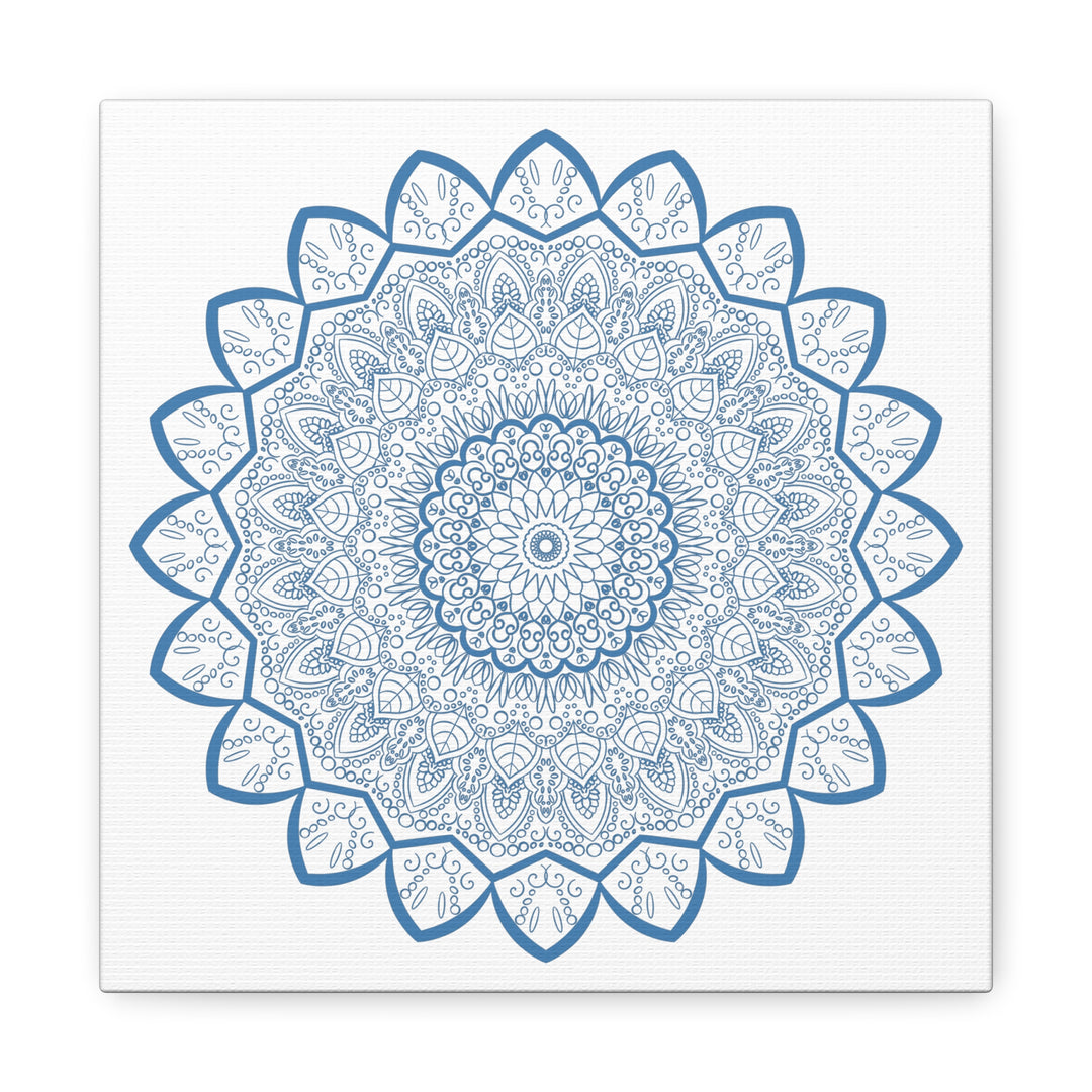 Handmade Mandala Art featuring a steel blue mandala design on matte canvas, stretched and 125 inches thick