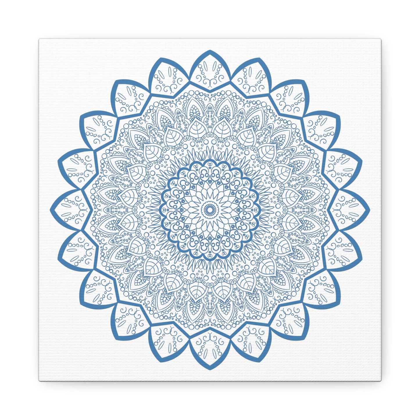 Handmade Mandala Art featuring a steel blue mandala design on matte canvas, stretched and 125 inches thick