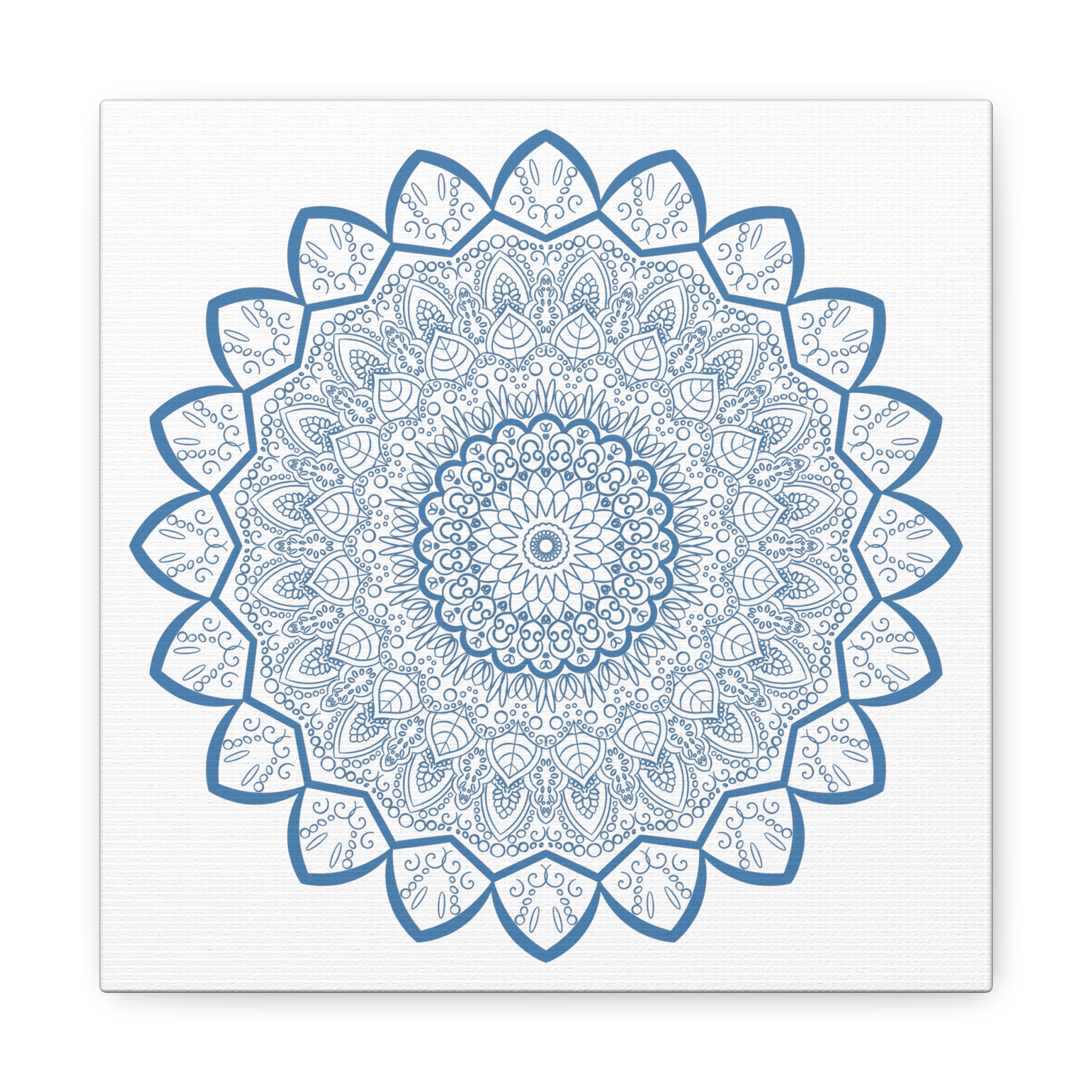 Handmade Mandala Art featuring a steel blue mandala design on matte canvas, stretched and 125 inches thick