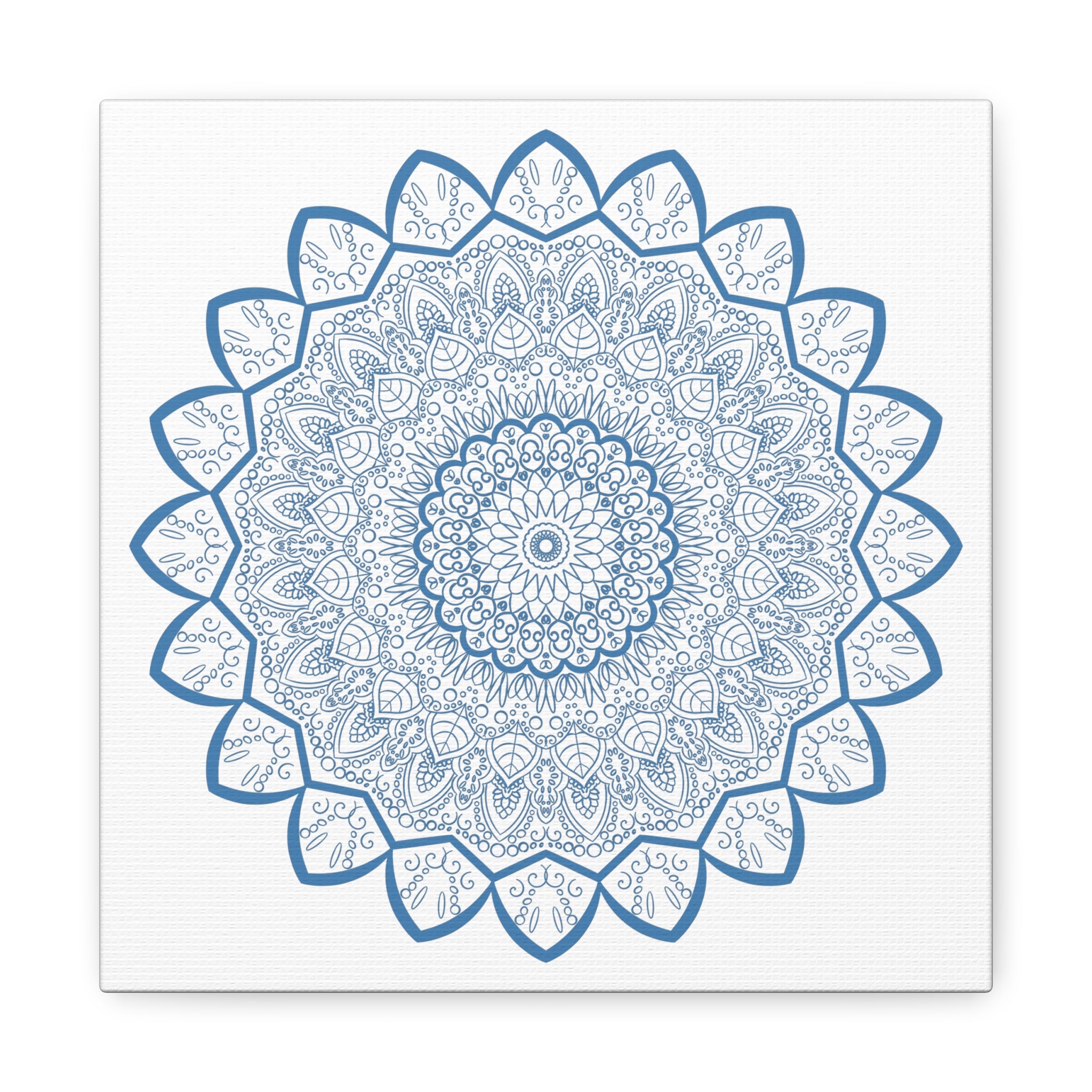 Handmade Mandala Art featuring a steel blue mandala design on matte canvas, stretched and 125 inches thick