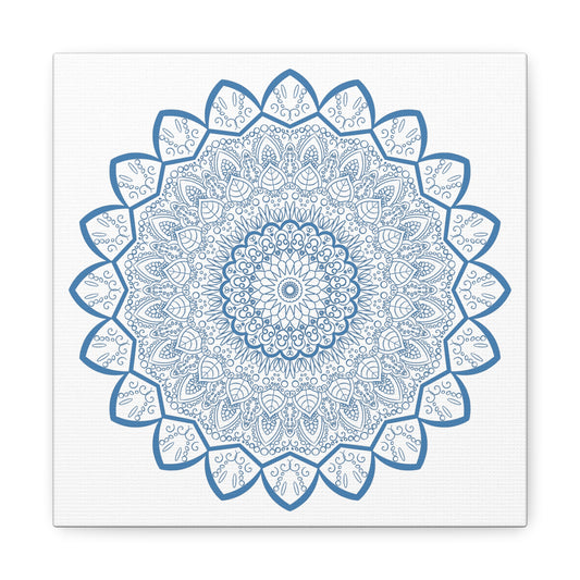 Handmade Mandala Art featuring a steel blue mandala design on matte canvas, stretched and 125 inches thick