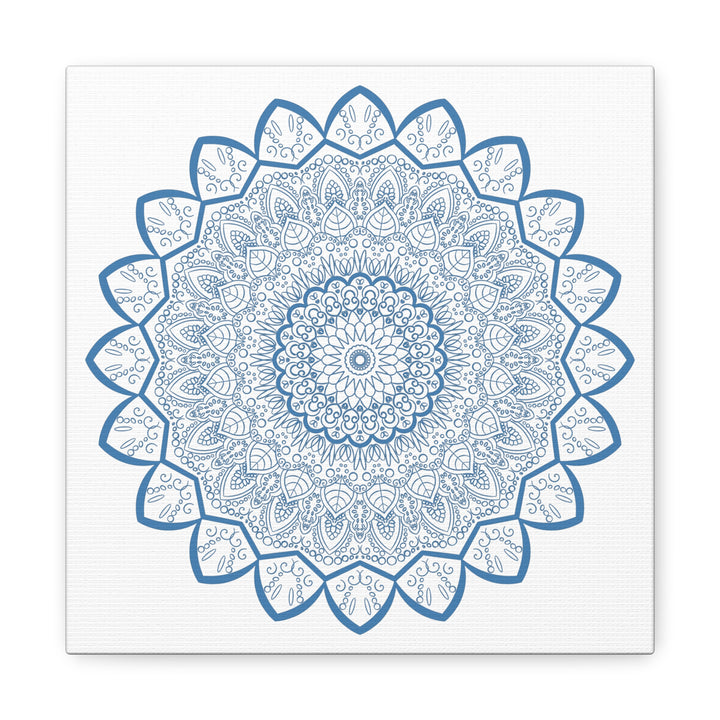 Handmade Mandala Art featuring a steel blue mandala design on matte canvas, stretched and 125 inches thick