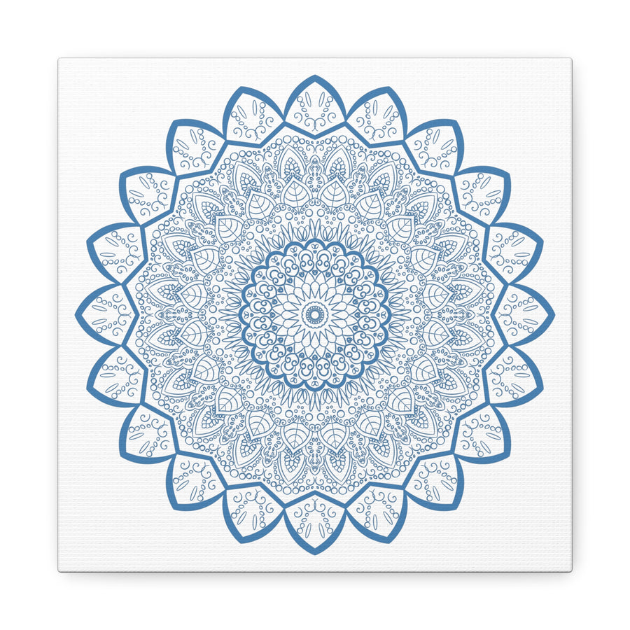 Handmade Mandala Art featuring a steel blue mandala design on matte canvas, stretched and 125 inches thick