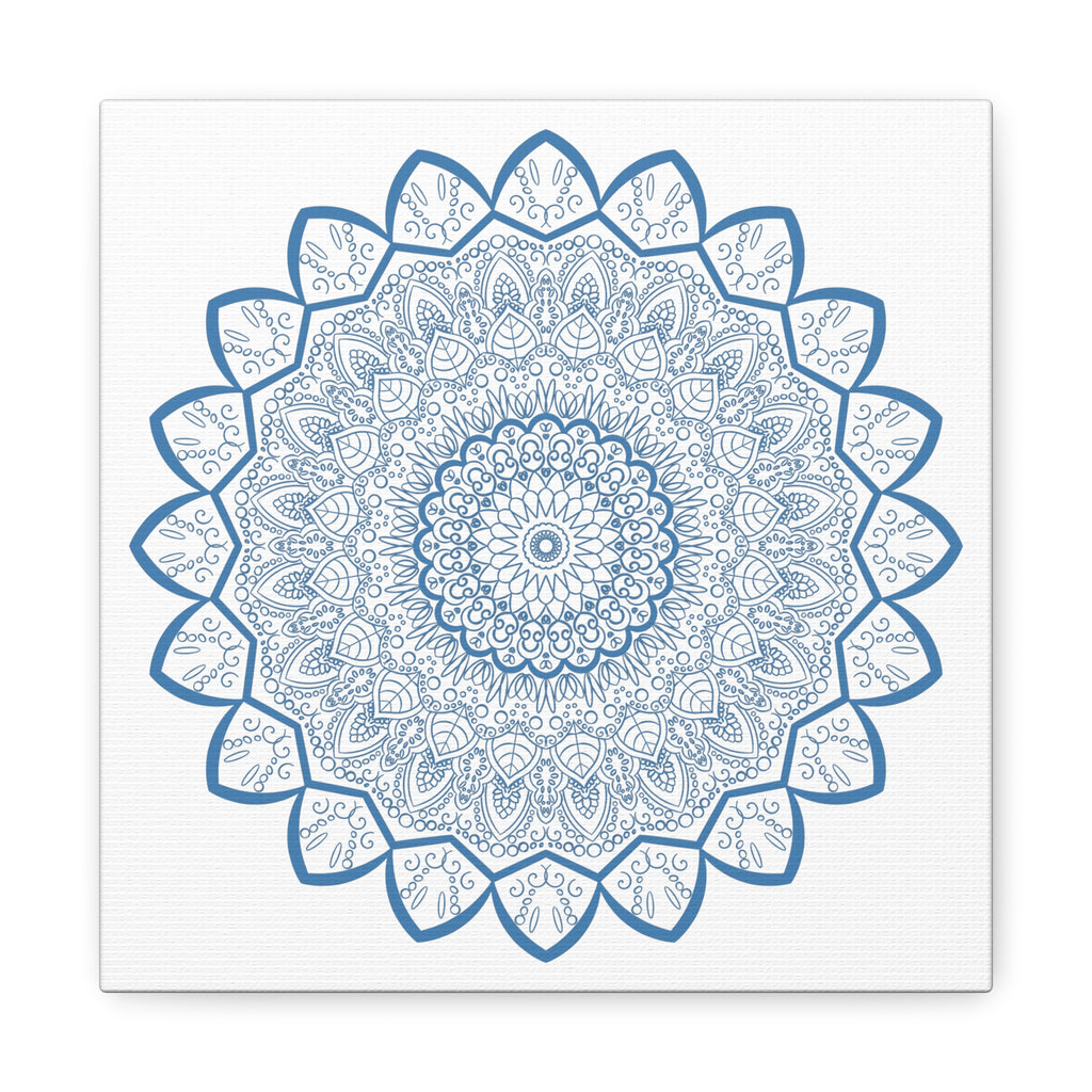 Handmade Mandala Art featuring a steel blue mandala design on matte canvas, stretched and 125 inches thick