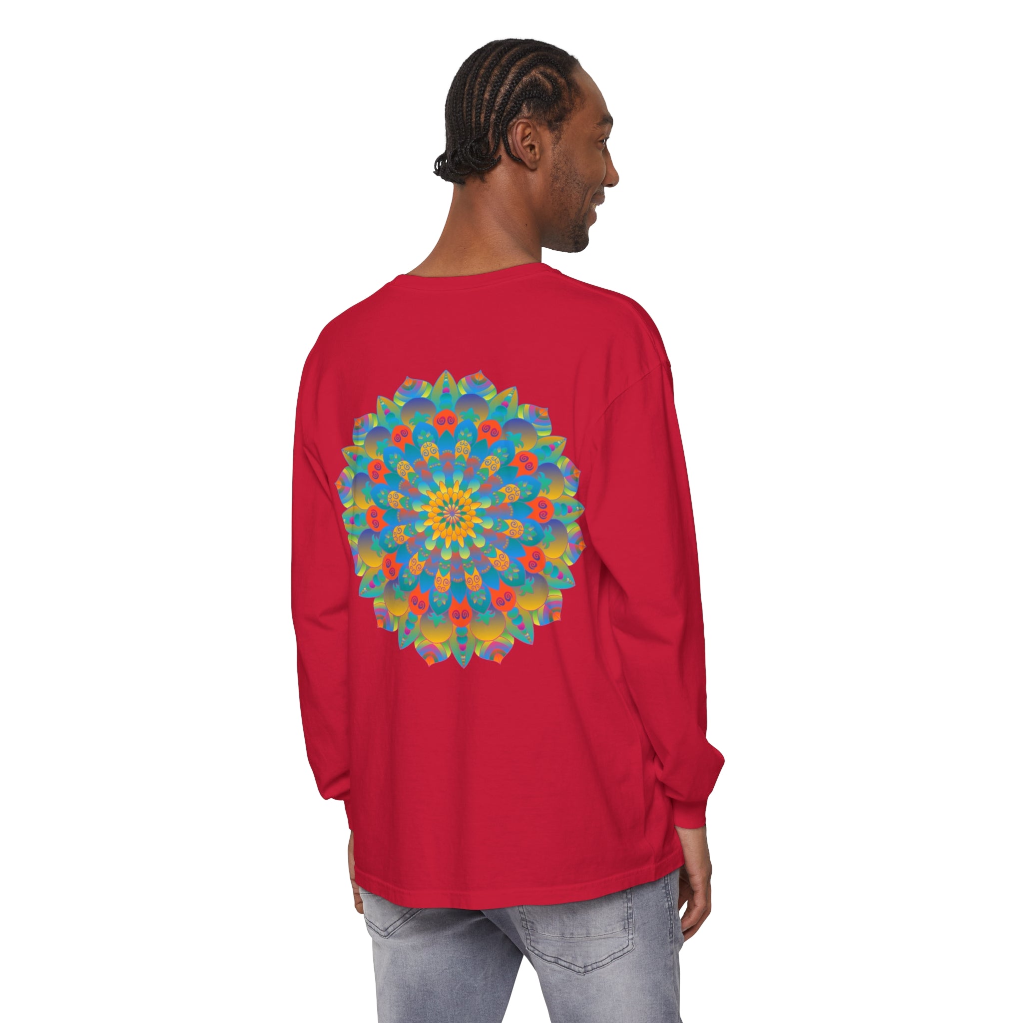 Colorful, intricate mandala design long sleeve t-shirt, suitable for both men and women