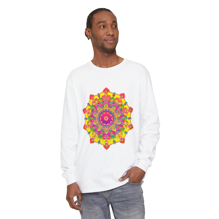 Colorful and intricate mandala design on a comfortable, long sleeve t-shirt