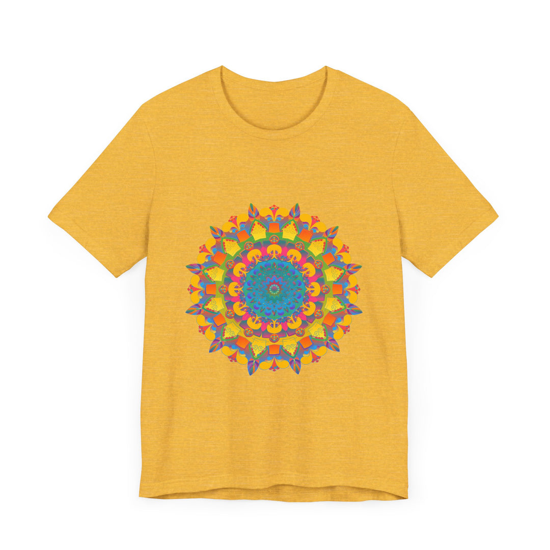 Vibrant Mandala Tee featuring a Colorful Geometric Design in shades of blue, green, yellow, and pink, perfect for adding a pop of color to any outfit