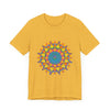 Vibrant Mandala Tee featuring a Colorful Geometric Design in shades of blue, green, yellow, and pink, perfect for adding a pop of color to any outfit