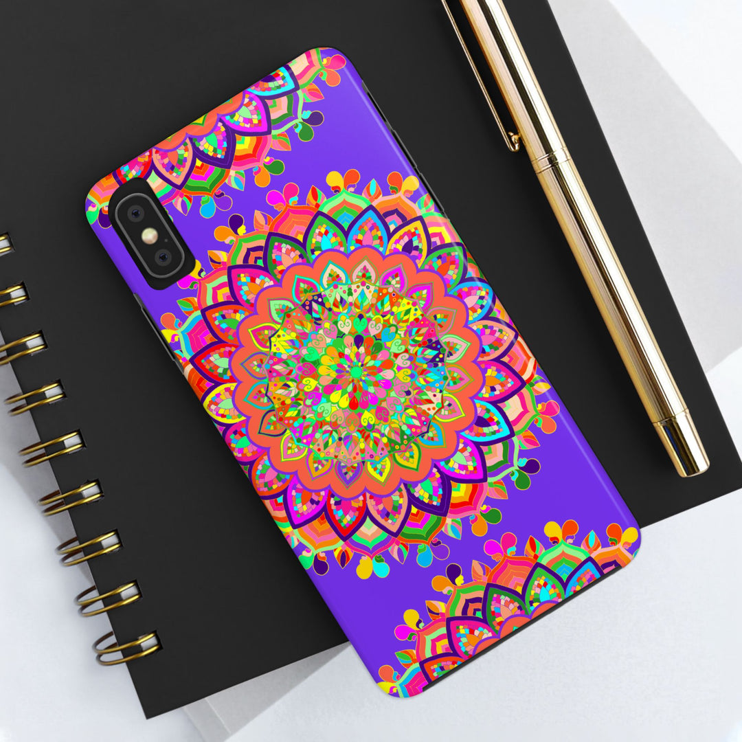 A close-up image of a hand drawn purple Mandala art phone case, showcasing intricate and detailed design with vibrant colors