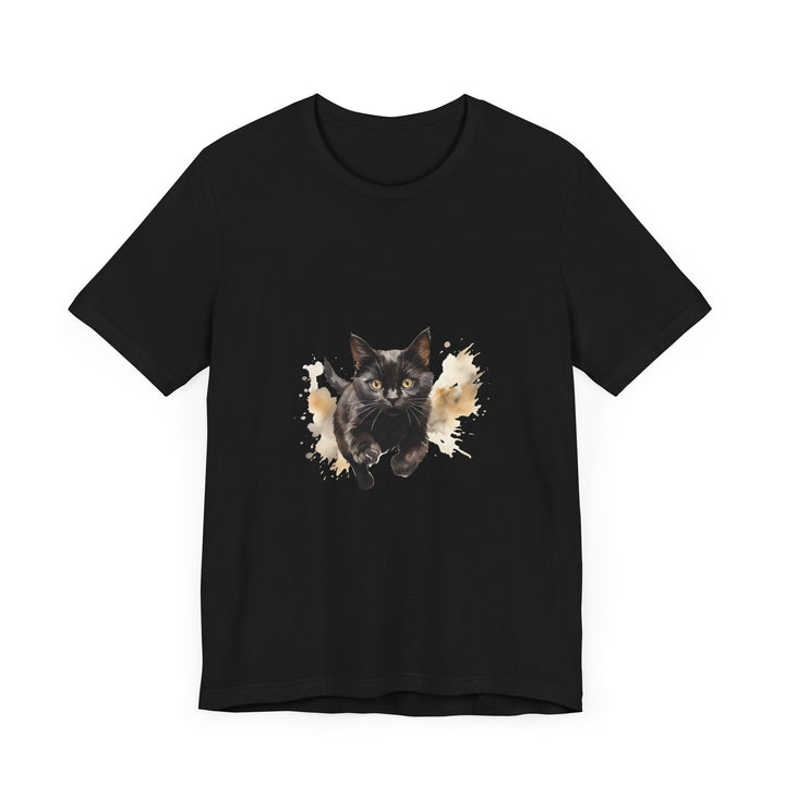 Black Cat Watercolor Sprint T-Shirt featuring a playful black cat design in vibrant watercolor print on a comfortable and stylish t-shirt