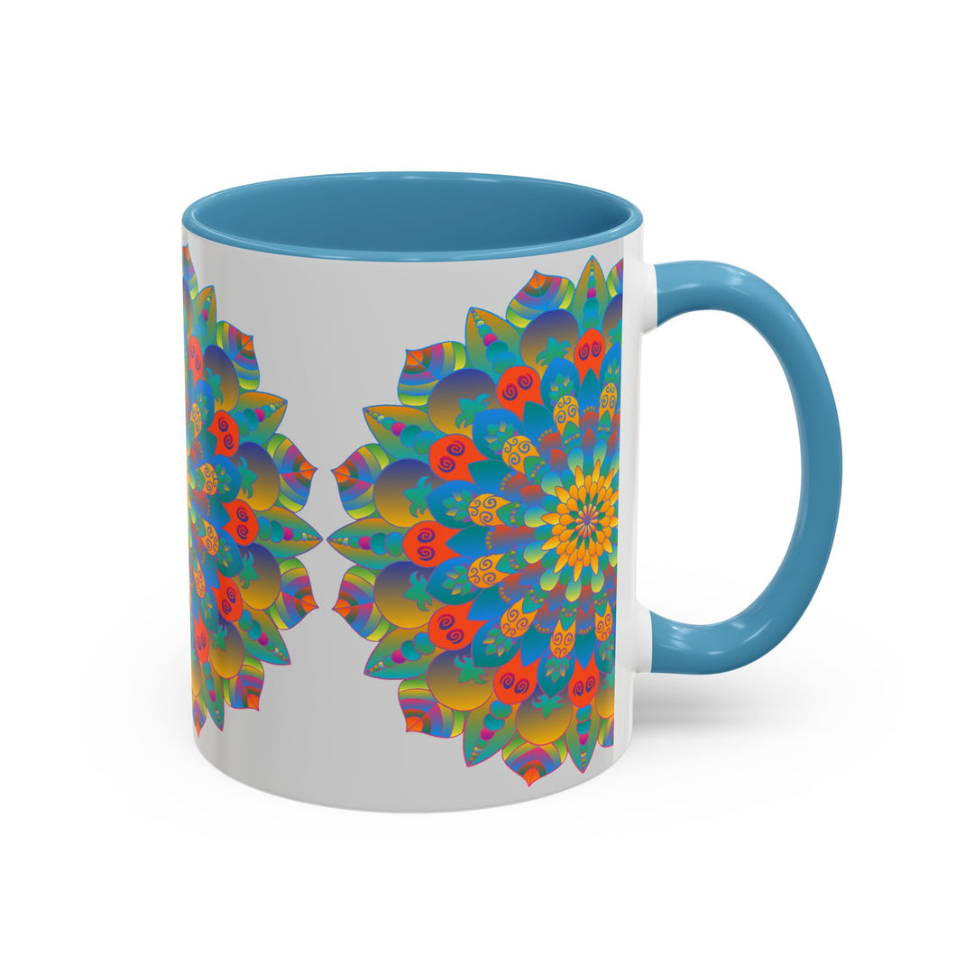 Mandala Art Mug featuring a vibrant yellow, orange, and blue design, perfect for adding a pop of color to your morning coffee routine