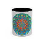 A close-up image of a white ceramic mug with an intricate mandala design in shades of blue and green, perfect for enjoying your favorite hot beverage