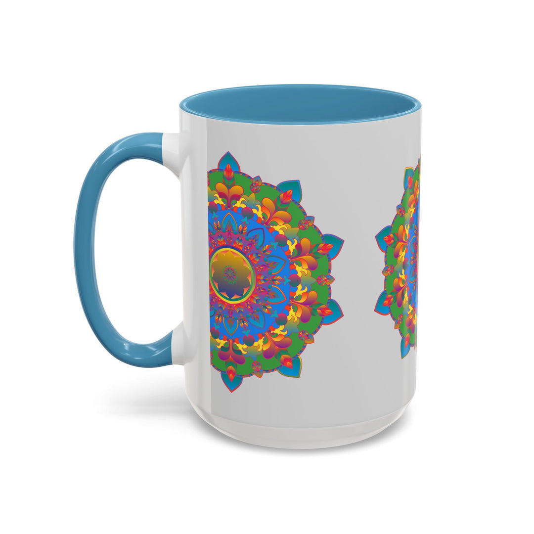 Vibrant and detailed mandala flower artwork on grey mug