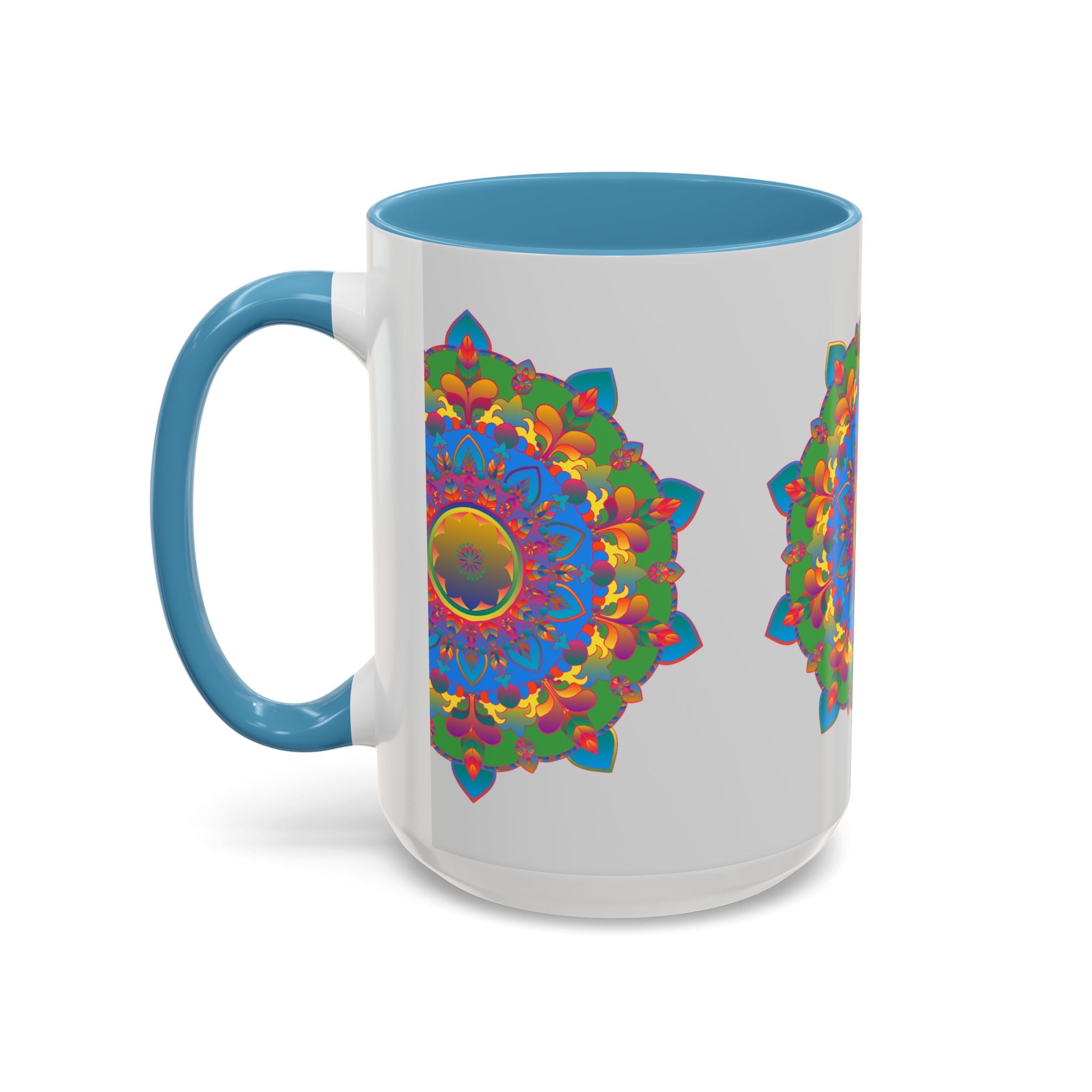 Vibrant and detailed mandala flower artwork on grey mug