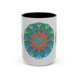 A beautiful ceramic mug featuring a mandala art design in shades of blue and green intricately painted on its surface