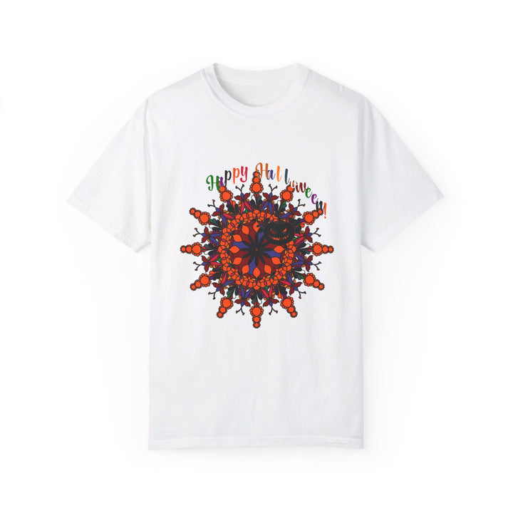 Unisex Halloween Mandala T-shirt featuring a handmade pumpkin mandala art design, on a garment-dyed tee for a unique and festive look